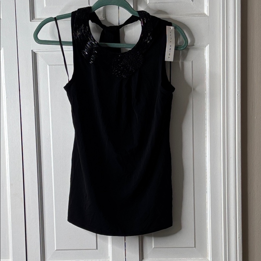 Trina Turk Black Beaded Collar Sleeveless Tank sz S
